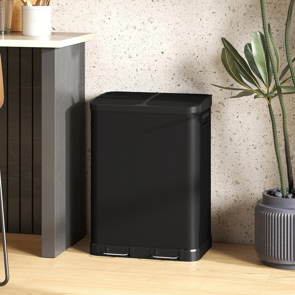 Kitchen Double Compartment Trash Can 2 X 30L With Stainless Steel Pedal Soft Close Lid Black