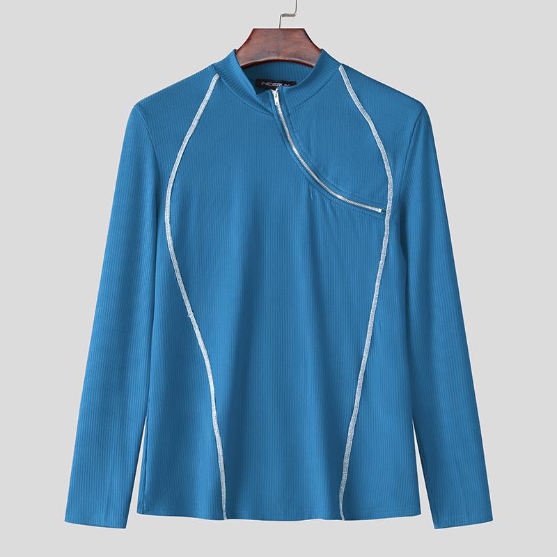 

INCERUN Мужские футболки с длинным рукавом и воротником-стойкой, на молнии, с декоративной строчкой по подолу, повседневные, облегающие S