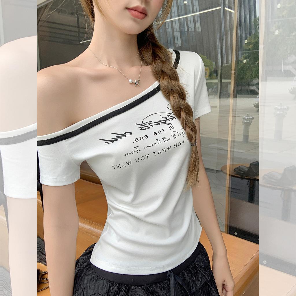 Korean slanted shoulder lace-up design off-the-shoulder letter printing short-sleeved T-shirt women's summer new slim-fitting top