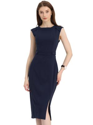 Allegra K Dam Marinblå Slidklänning Pennklänning, Rund Hals, Slim Fit, Ärmlös, Arbetskläder, Storlek S