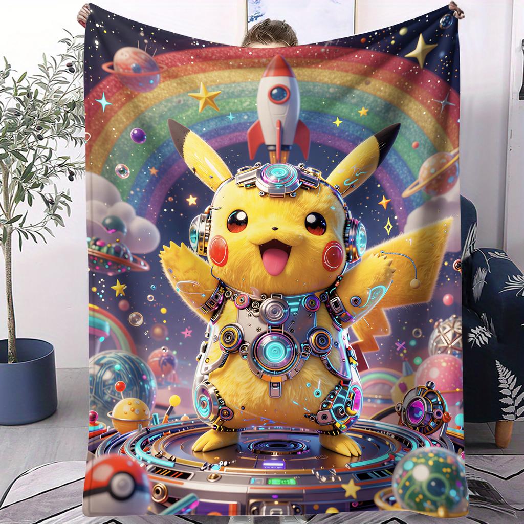 Pokemon Rainbow Holographic Pikachu Print Fleece Throw Blanket for Adult Quality Super Soft Warm Blanket for Travel Office Home