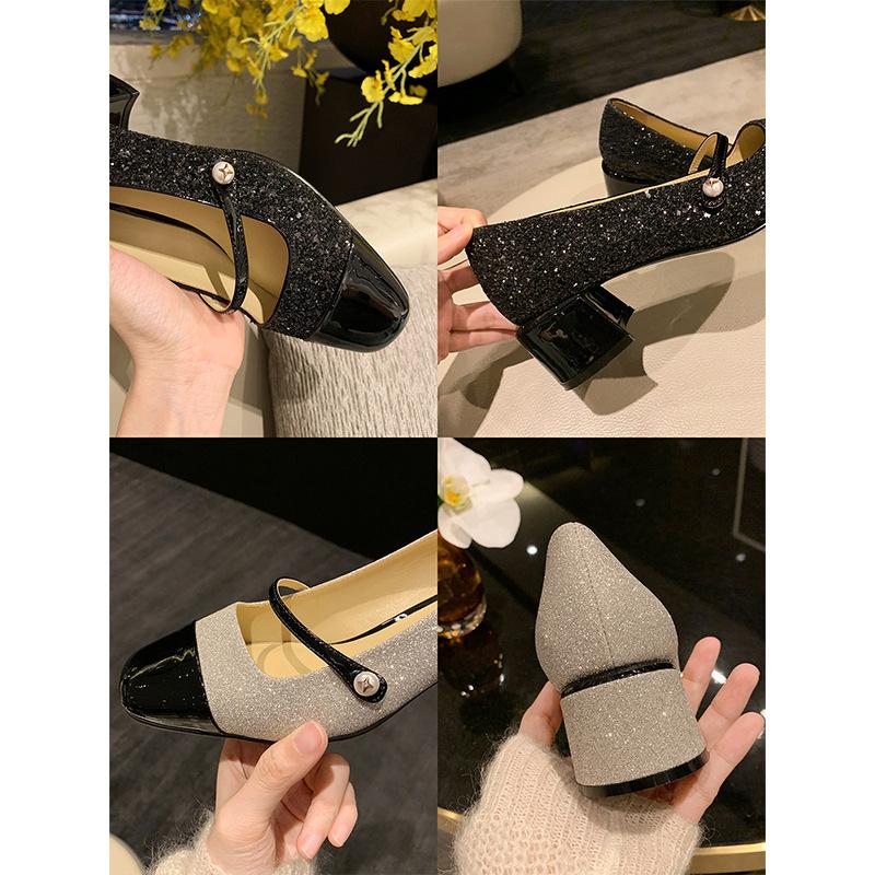 Grape Mother, the Same Style, Sparkling Sequins, Small Fragrant Style Square Head, One Word with Thick Heels, Mary Jane Shoes for Women, Medium Heels,
