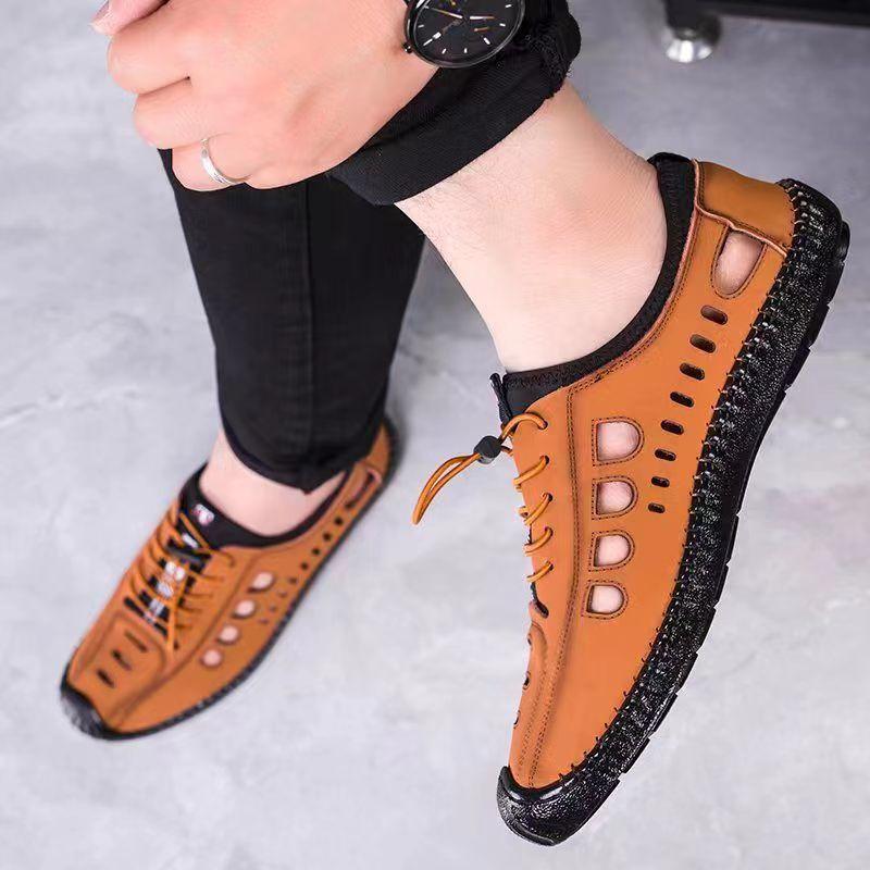 Men's Sandals Leather Surface Spring New Hollow Casual Sandals Breathable
