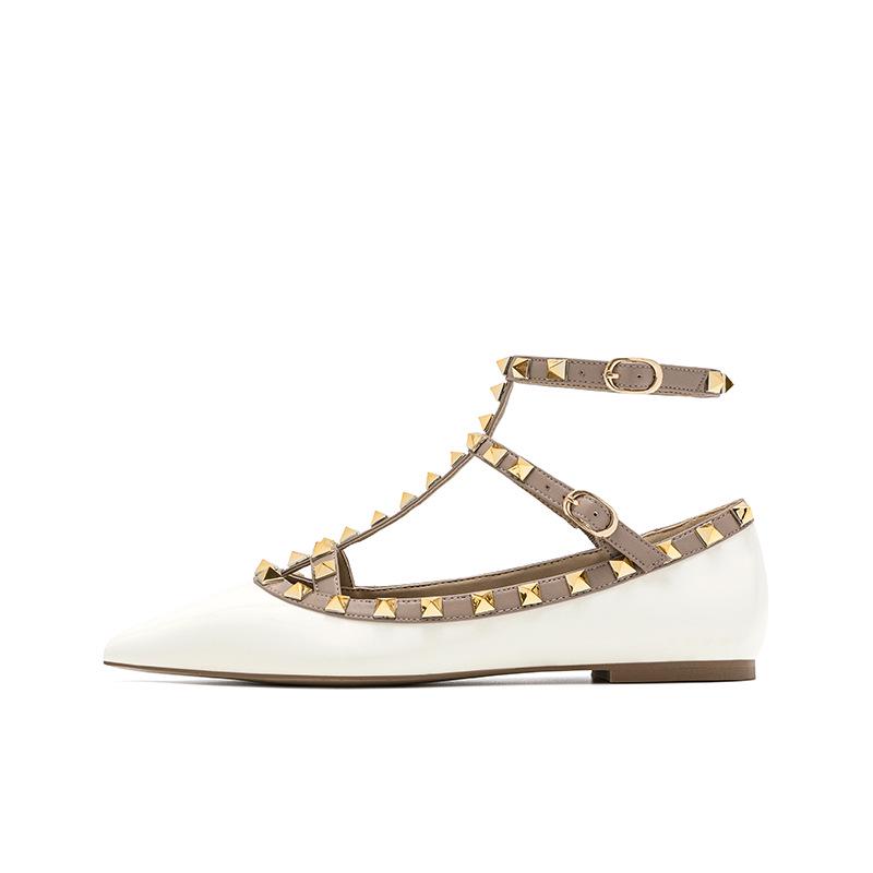 VT Rivet Pointed Toe Lace-Up Flats: 2025 Spring Patent Leather Studded Shoes for Women Size 36