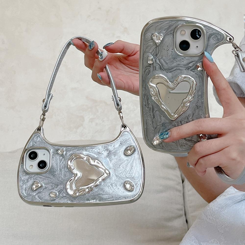 Lustrzana torebka z kryształkami 3D Pasek na rękę Etui na telefon Do iPhone 17 Air 16 15 14 13 12 11 Pro Max Odporne na wstrząsy etui