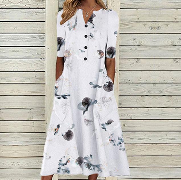 Elegante Frauen Kleider V-ausschnitt Kurzarm Taste Party Kleid Frauen Sommer Vintage Print Kleid Casual Lose Blume Damen Kleider