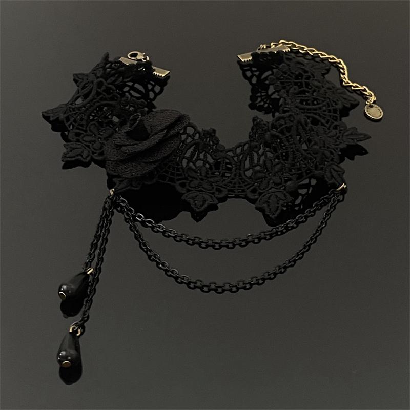 Vintage Gothic Pearl Rose Pendant Clavicle Necklace with Lace Tassel