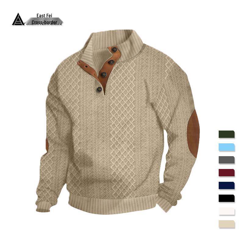 2026 Men's Stand Collar Long Sleeve Jacquard Knit Hoodie - Casual Outdoor Wear, European Size