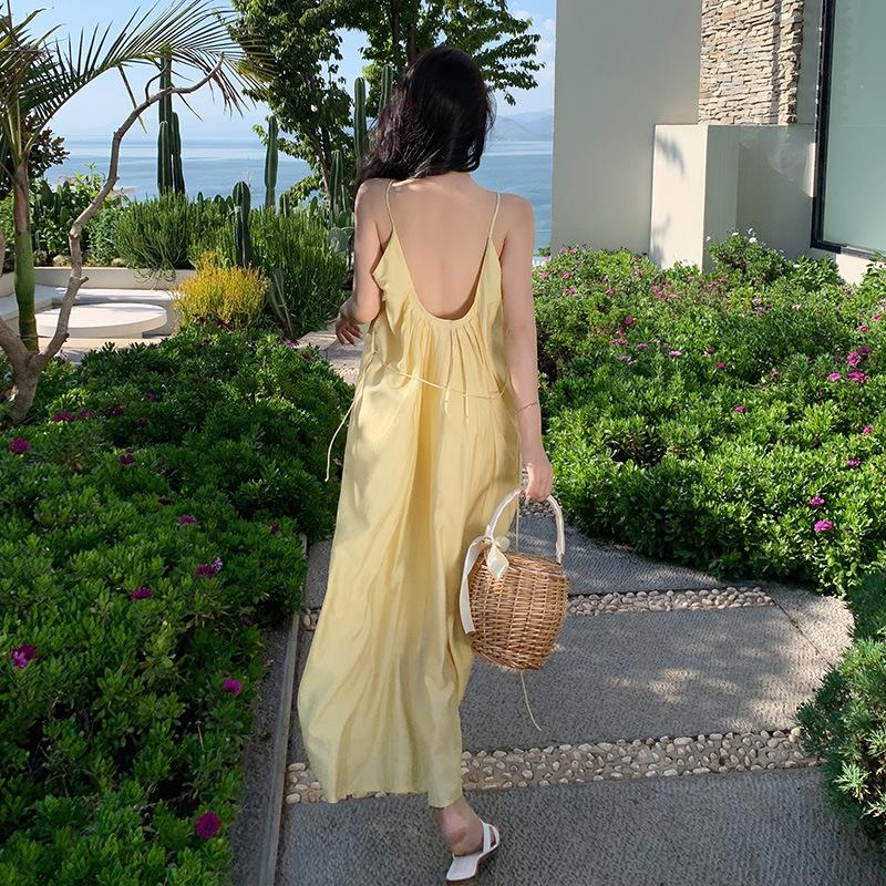 French Yellow Suspender Dress Loose Lazy Year Summer New Halter Sexy Light Yellow Dress