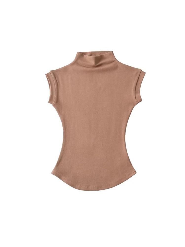 Women Summer Sexy Half Turtleneck Sleeveless T-Shirts Tops Solid Slim Fit Pullovers Causal Tees Shirts Female Streetwear Basics Tees