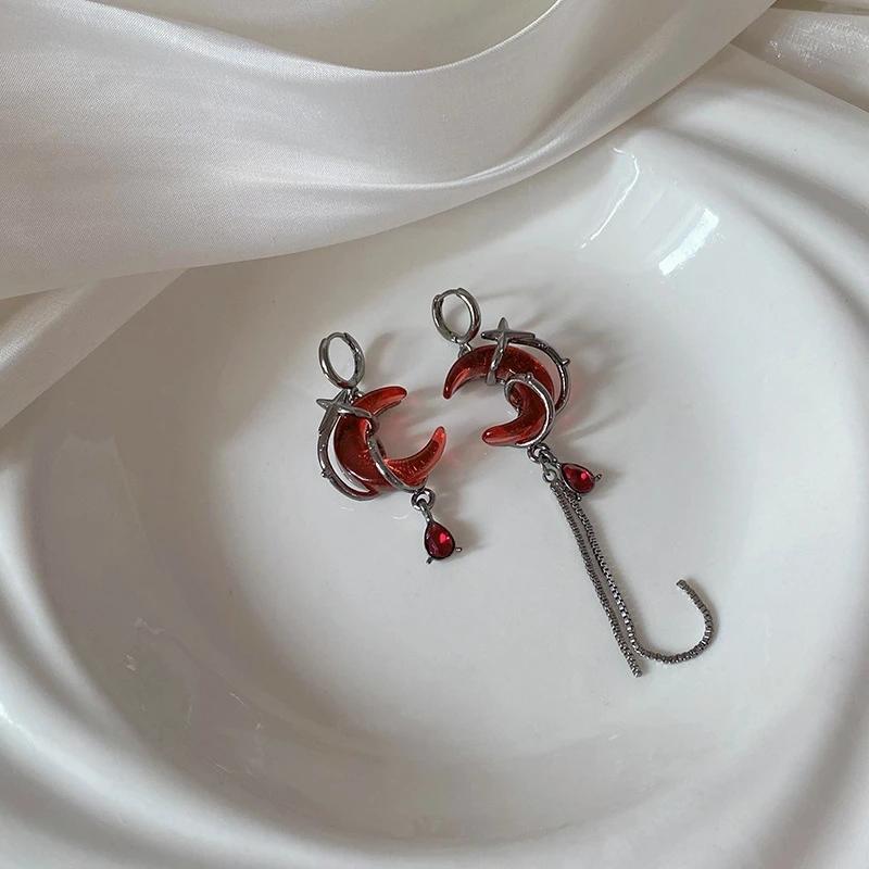 LATS Red Moon Gem Asymmetric Dangle Earrings Personality Unisex Hip-Pop Gothic Dark Ear Accessories Sweet and Cool Jewelry