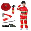 Child Red Firefighter Costume Printed Reflective Stripes Warning Firefighting Uniform with Walkie Talkie Compass Whistle Toys