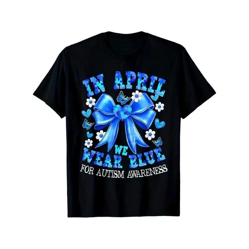 April We Wear Blue Autism Awareness Coquette Bow Puzzle TShirt XXXL