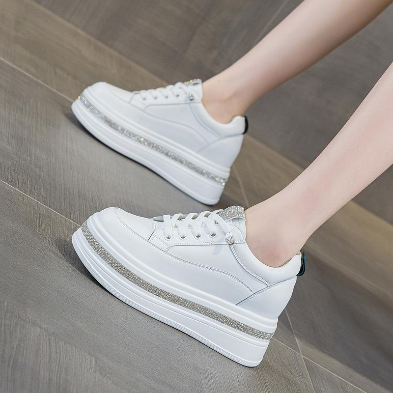 Women's White Platform Sneakers with Rhinestone Elastic Laces - Genuine Leather, Thick Sole, 7cm Height Boost, Lightweight & Versatile.