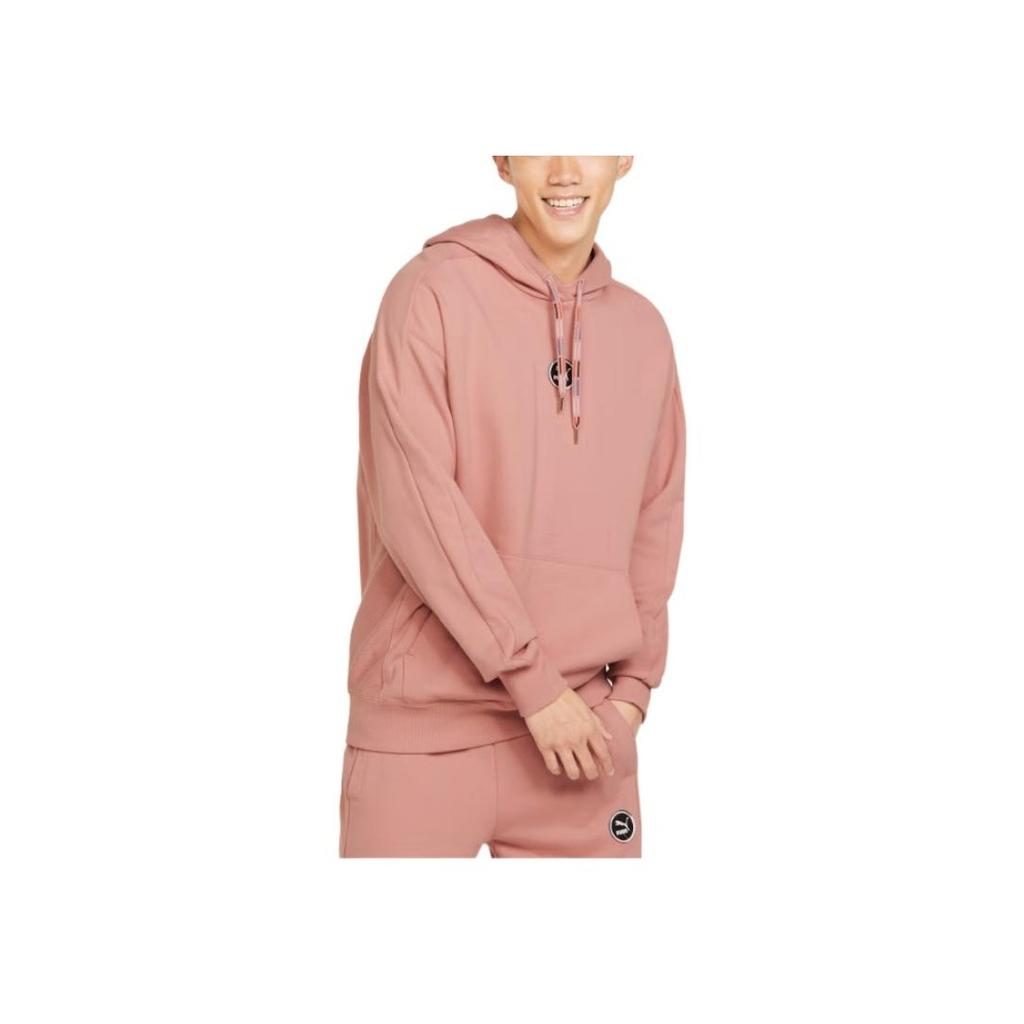 Puma Solid Color Logo Print Drawstring Hoodie With Long Sleeves Unisex Tops Pink 535374-24