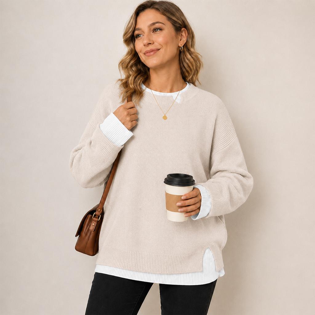 Women's Double Layer Collar Knit Pullover Sweater