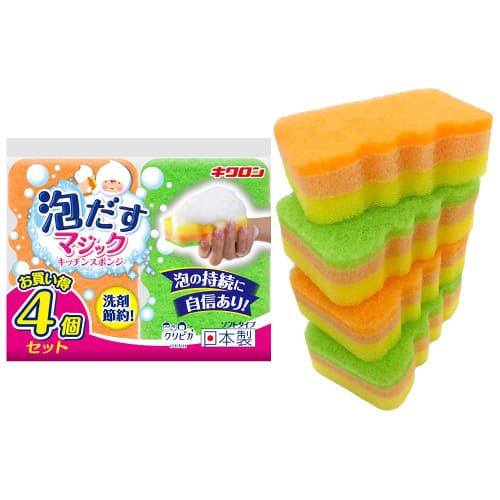 Kikuron Kitchen Sponge, Made In Japan, Long-Lasting Foam, Detergent-Saving, Scratch-Free, Foam-Generating, Orange & Green, Pack of 4
