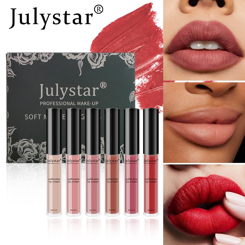 JULYSTAR Professional Soft Matte Lip Cream Set 6 Pieces Long-Lasting Waterproof Velvety Liquid Lipstick Nude Red Lip Makeup Gift Box for Women