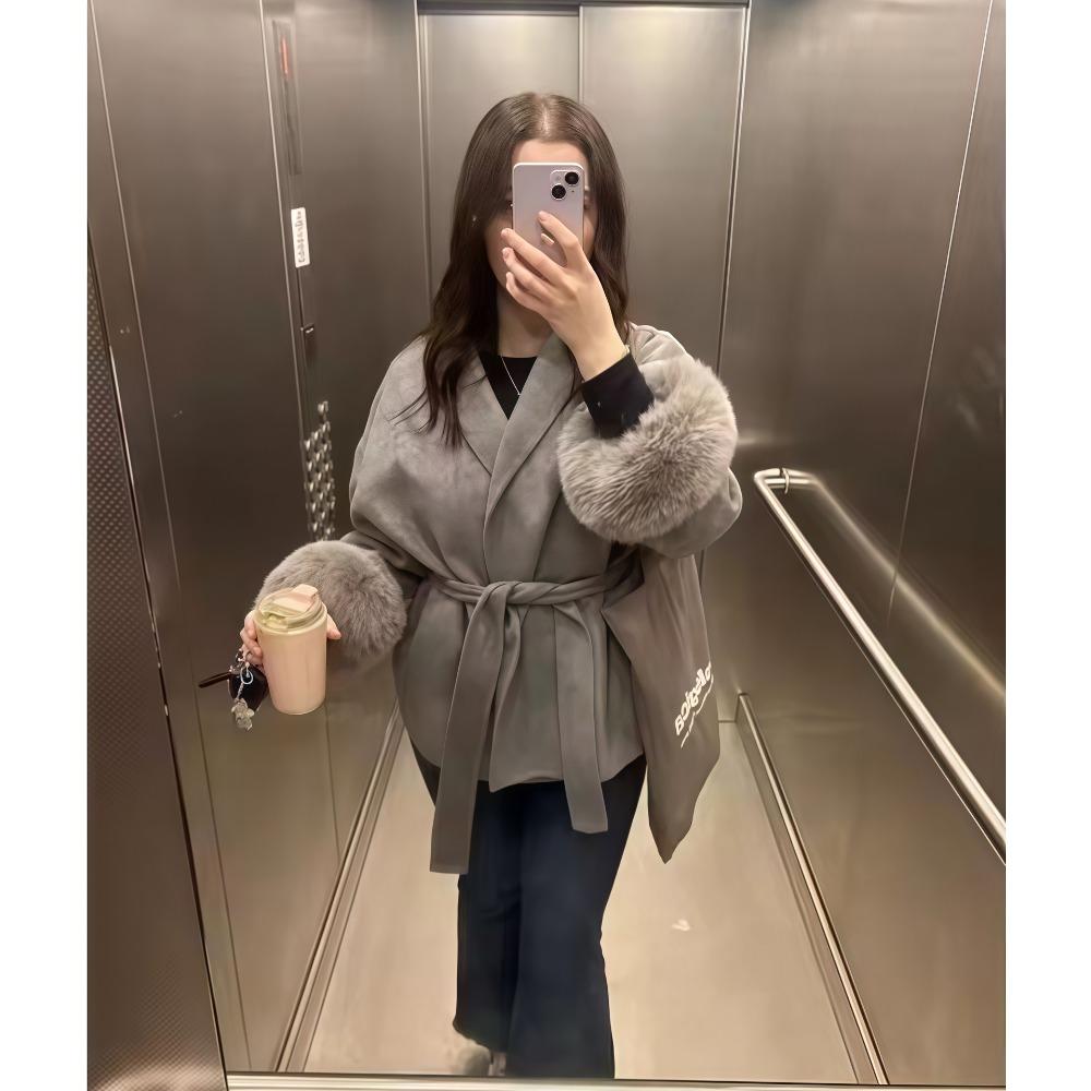 Fashion Lapel V-neck Woolen Coat Women Chic Lace Up Single Breasted Pocket Loose Jacket Lady Daily High Street Outwears