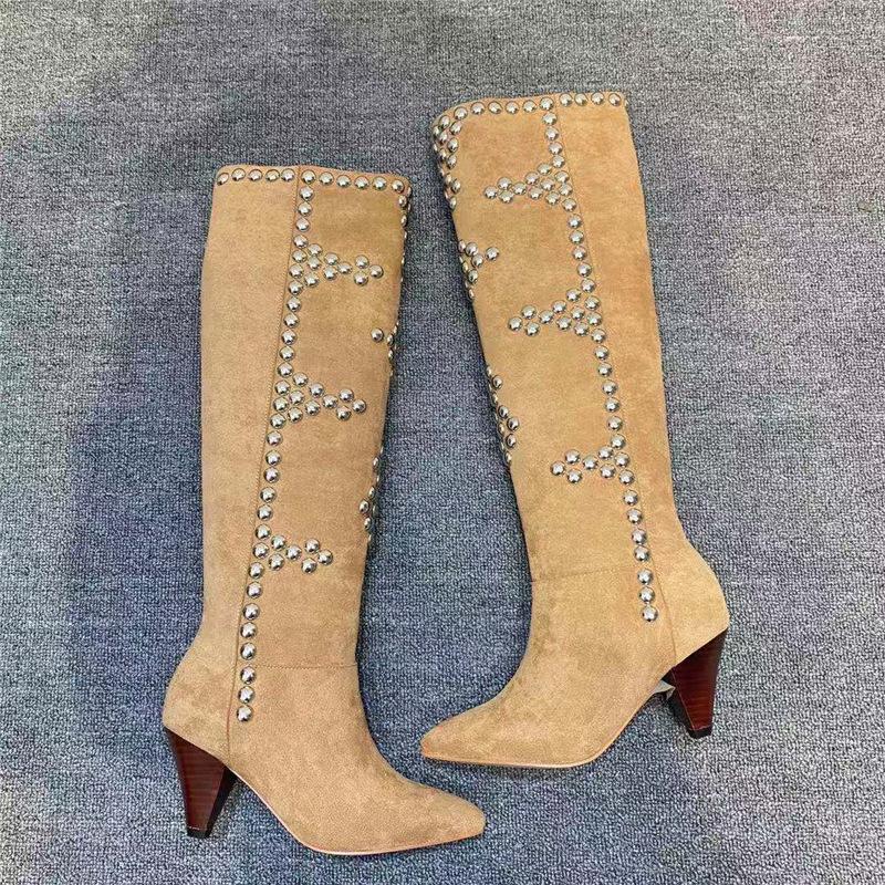 Fashion Brand Rivet Inlaid Women's Knee High Boots Cowhide Suede Stage Show Ankle Boots Fashionable Sexy Autumn  Winter Womans Shoes