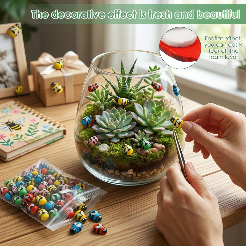 100Pcs Mini Wooden Ladybug Bee Self-adhesive Sticker Children Painted DIY Craft Fairy Garden Figurine Miniature Home Party Decor