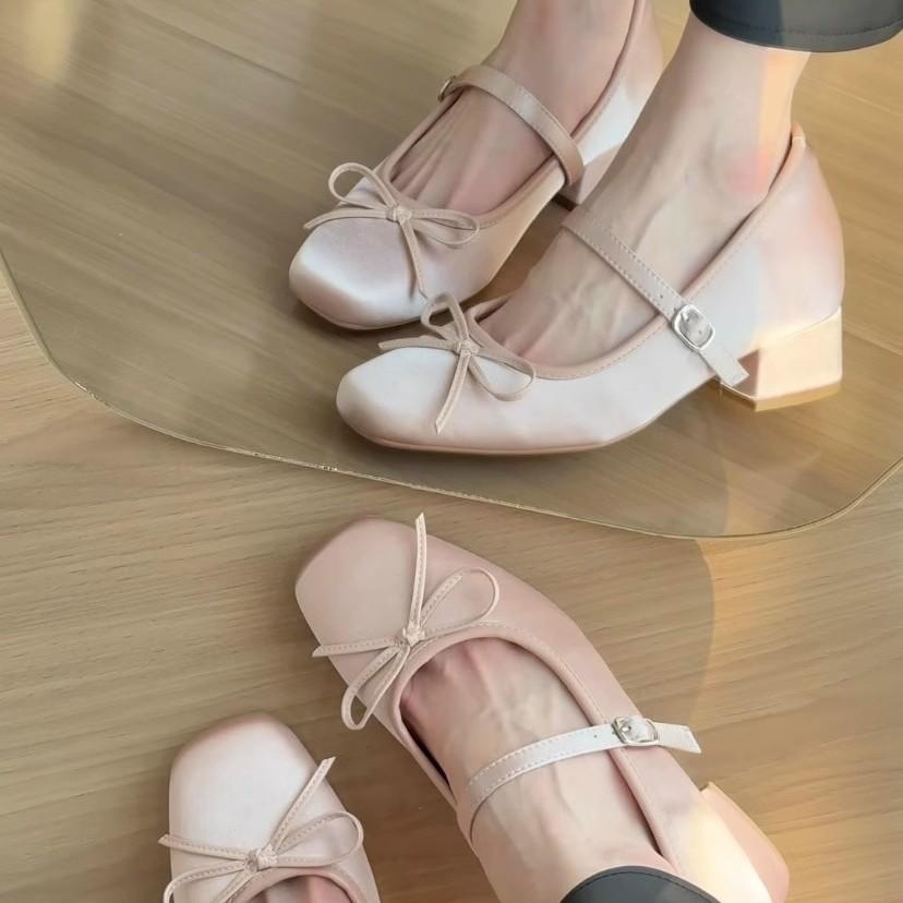Inner height increase 7CM pink satin bow high heel Mary Jane shoes women's 2025 new thick heel ballet shoes