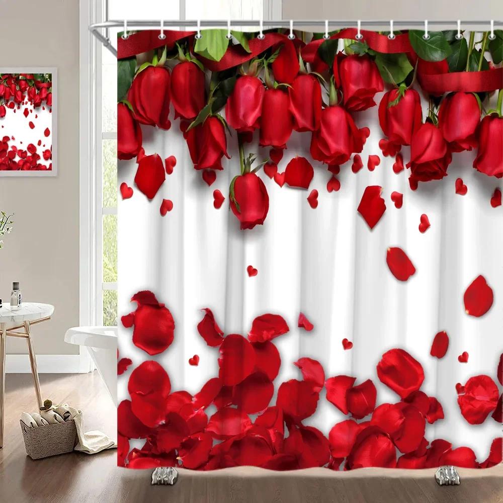 Valentine'S Day Shower Curtain, Rose Flower Heart Romantic Plant Love Lipstick Polyester Printed Fabric Bathroom Decoration