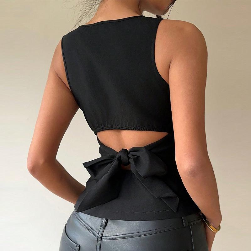 Y2K Dámský letní bez rukávů bandážovaný dutý O výstřih jednobarevný slim fit vesta odhalující břicho tílko