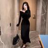 French Black Off-the-shoulder V-neck Long-sleeved Dress, Autumn Dress for Women, Small Man with Waist Temperament, Waist-exposed, Bottom-up Dress
