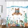 Funny Cat Whale Shower Curtain, Red Kraken Octopus Japanese Ocean Wave with Chinese Auspicious Clouds Shower Curtain with Hooks