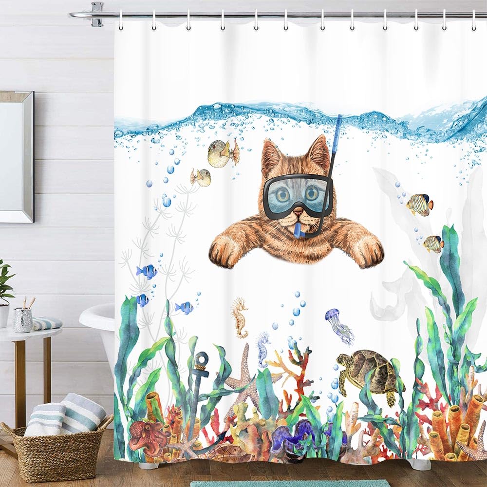 Funny Cat Whale Shower Curtain, Red Kraken Octopus Japanese Ocean Wave with Chinese Auspicious Clouds Shower Curtain with Hooks