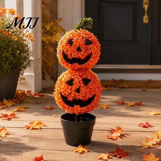Outdoor Fall Yard Decorations Artificial Pumpkin Topiary Tree, Halloween Face Faux Boxwood Plants with Stake, Decorative Orange Autumn