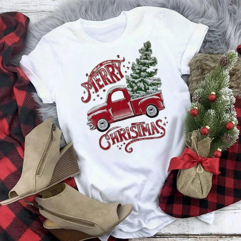 Truck SnowUnisex Family Christmas TShirt Womens Short Sleeve Cute Casual Top Cartoon SnowUnisex with Santa Hat Print