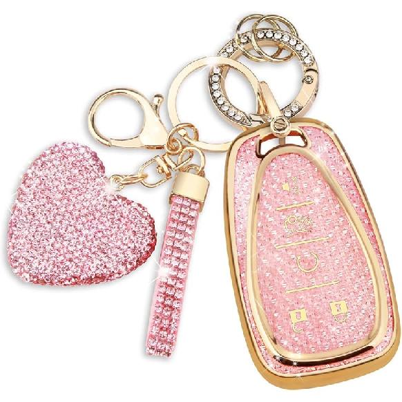 QBUC For Chevy Key Fob Cover With Diamond Keychain, 5 Button Key Case For Women For Chevrolet Equinox Malibu Camaro Blazer Cruze Traverse Trax Volt