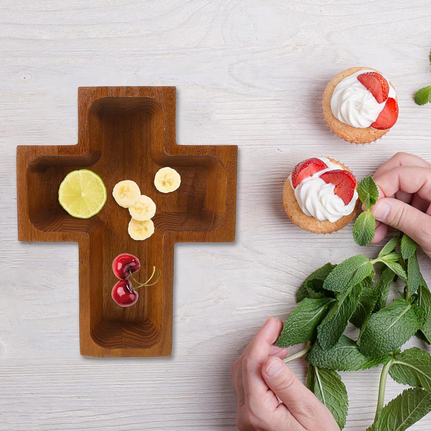 VOSAREA Wooden Serving Tray Cross Shaped Serving Tray Wood Appetizer Cheese Plates Charcuterie Board Fruit Tray Snacks Plate Dish Food Platter for