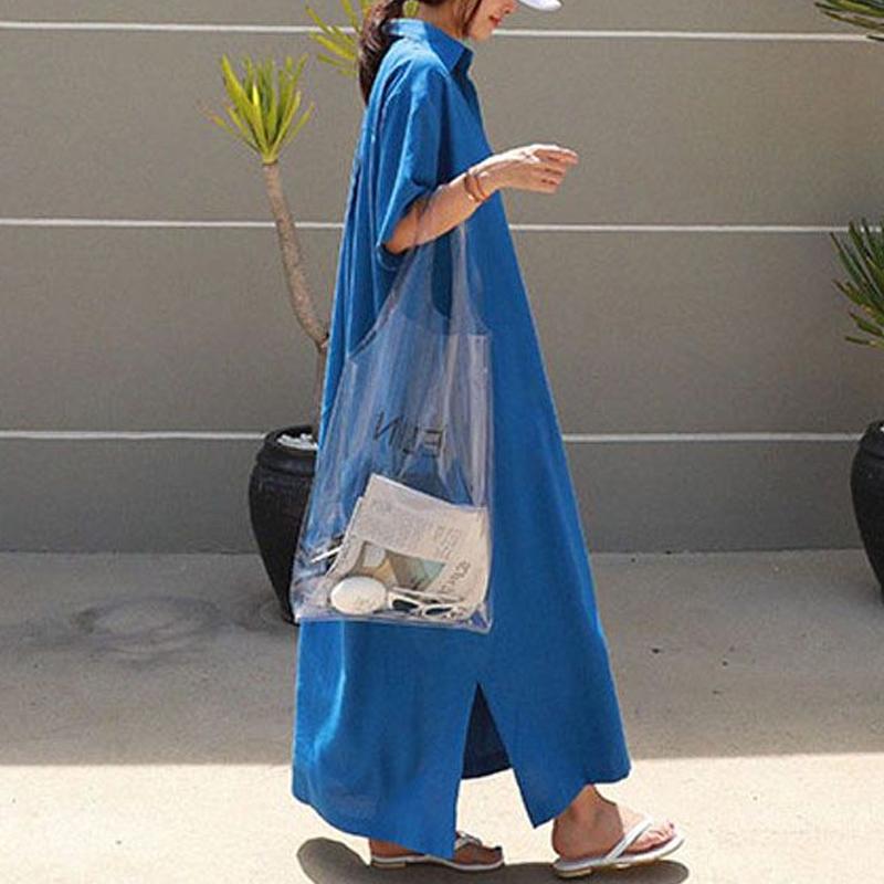 Summer New Turn-down Collar Solid Color Tshirt Dress Women Button Short Sleeve Loose Casual Maxi Dress Ladies Korean Style Robe