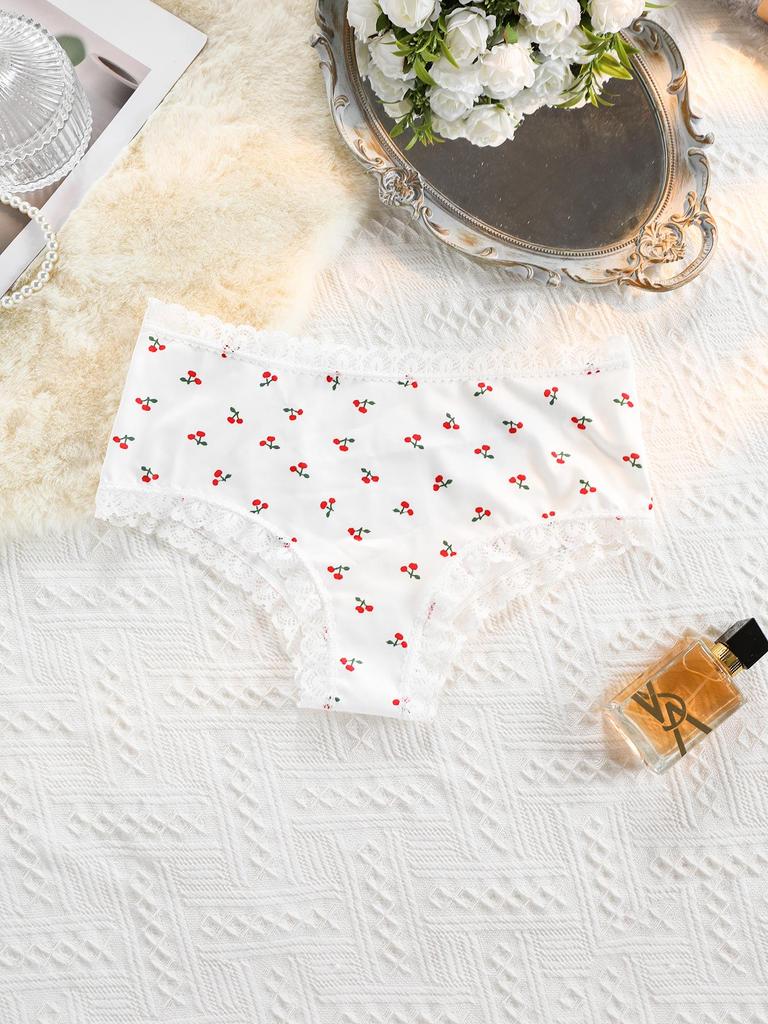 Cherry Print Women's Lace Trim Seamless Cotton Panties - No Ride Up Triangle Style