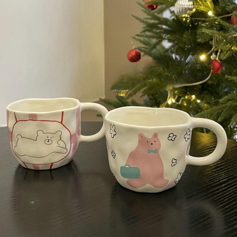 250ml Hand Pinched Irregular Coffee Mugs with Handle Cute Bear Pattern Breakfast Milk Oatmeal Tea Cup Handmade Water Cups Gifts