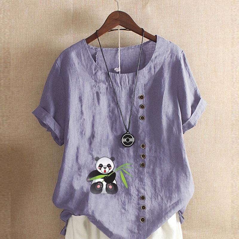 Women's Fashion Panda Print Short Sleeve T-shirt Loose Cotton Shirt Casual Loose Summer Blouse Tops Plus Size
