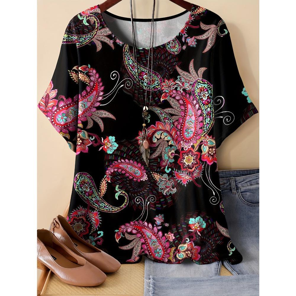 Summer Women Pattern Splicing 3D Printed Short Sleeved T-shirt Fashionable Comfortable Soft Breathable Large Loose Retro Style T-shirt