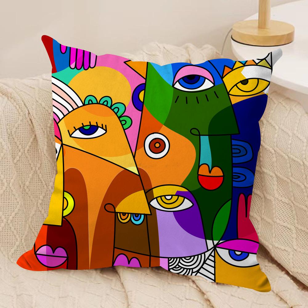Colorful Abstract Faces Cushion Cover Silky Short Plush Sofa Pillow Cover Hidden Zipper Soft Dustproof Case for Home Decor