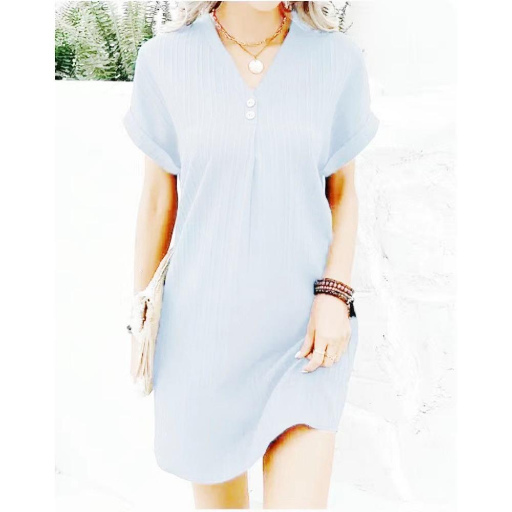 New Women's V-neck Solid Color Pullover Casual Button Dress