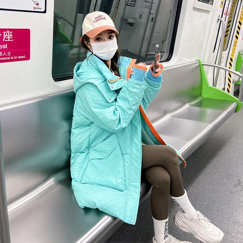 

2025 зима новый свободный пуховик из хлопка для женщин корейская мода толстый средней длины хлопковый пуховик куртка прилив XXL синий