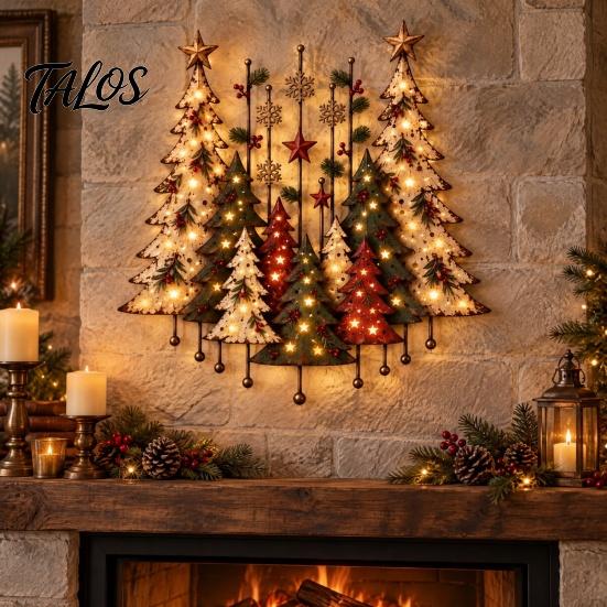 Unique Christmas Tree Ornaments Lighted Wooden Ornament, Rustic Holiday Wall Decoration with LED Yard Festive Decorations Light for Home Living