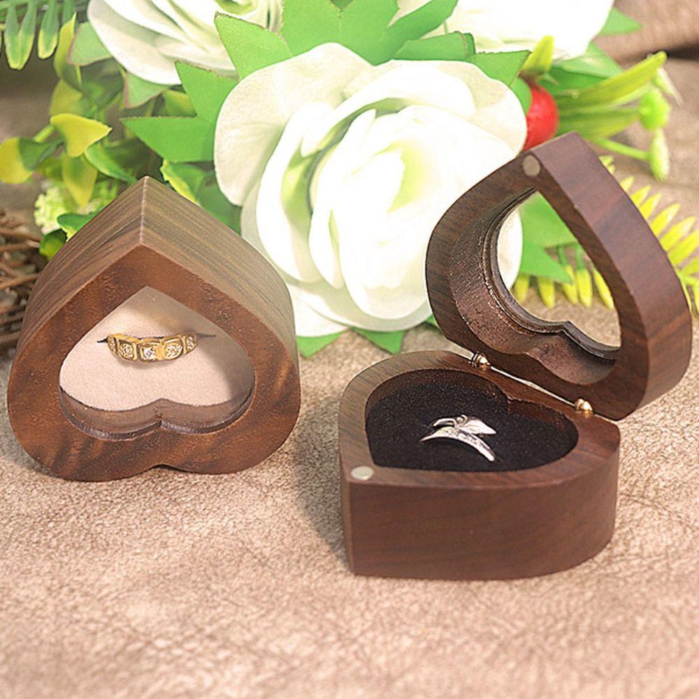Transparent Cover Walnut Wood Rings Box 2 Slots Rings Bearer Box Simple Heart Rings Holder  Propose