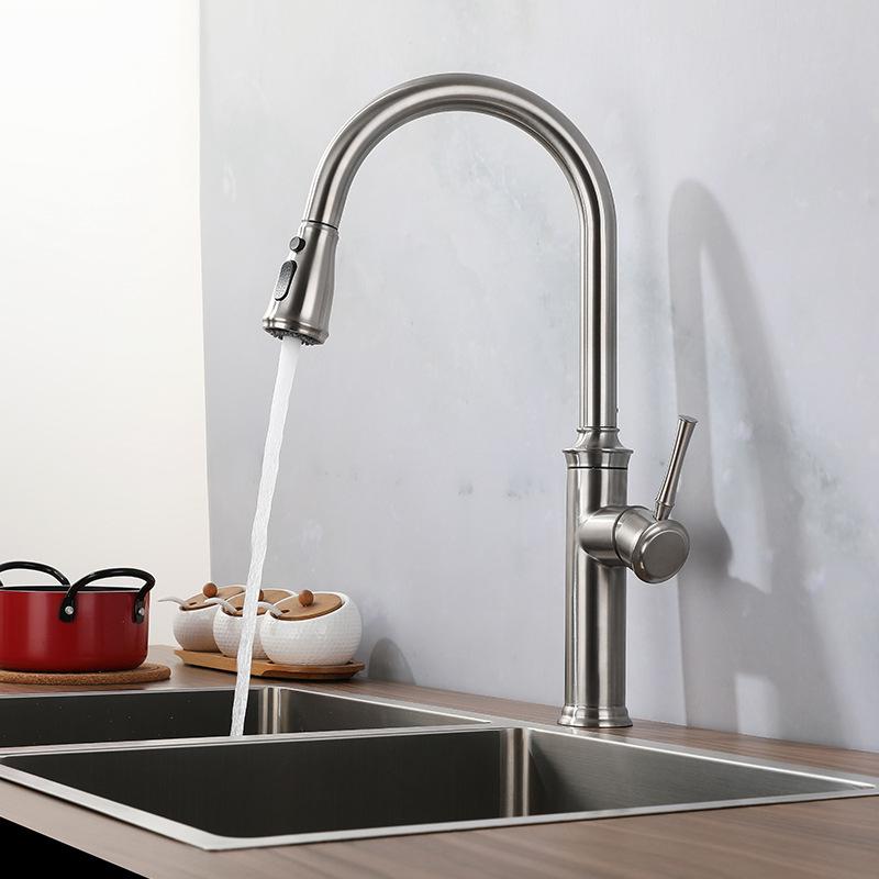 Stainless Steel Pull-out Kitchen Faucet Deck Mounted Mixer Tap 360 Degree Rotation Stream Sprayer Nozzle Kitchen Sink Faucet