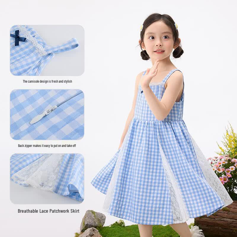 Xiaoyinman Girls' Sweet Lace Bow Plaid Suspender Dress