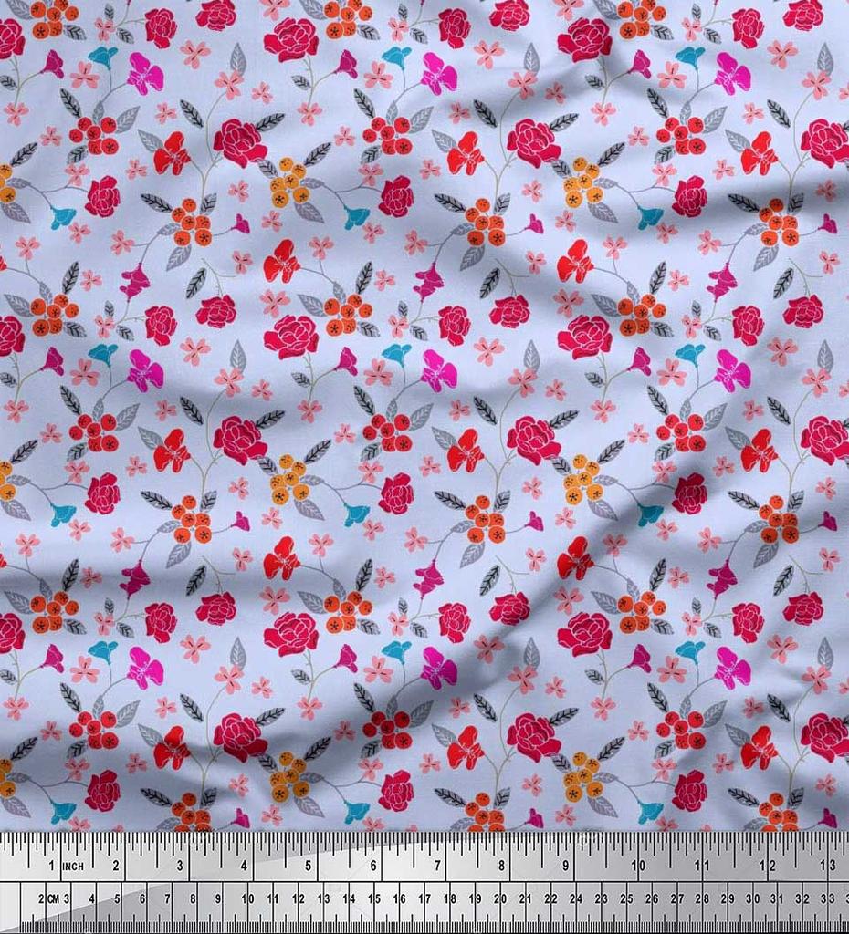 Soimoi Japan Crepe Satin Fabric Berries,Leaves & Floral Artistic Print Fabric by the Metre 42 Inch