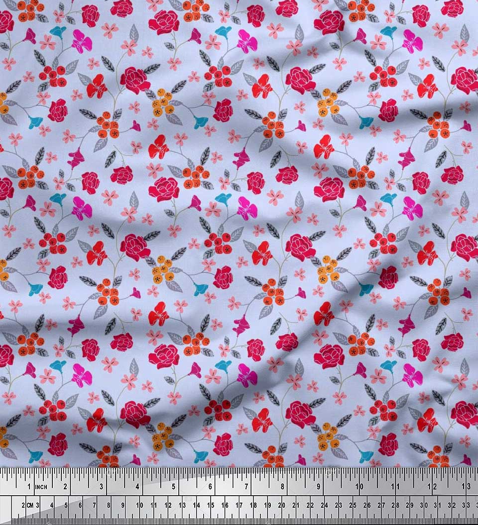 

Японська креп-атласна тканина Soimoi Ягоди, листя та квітковий художній принт на метри 42 дюйми 42 Inch Wide - Poly Crepe синій