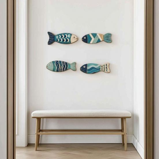 Seaside Housewarming Gift Ideas 4Pcs Wooden Fish Wall Decor, 2D Flat Mediterranean Style Hanging Ornaments for Coastal Nautical Sculpture Bedroom Home